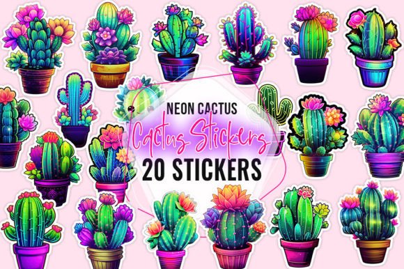 Kawaii Neon Cactus Stickers Graphic Illustrations By Aspect_Studio