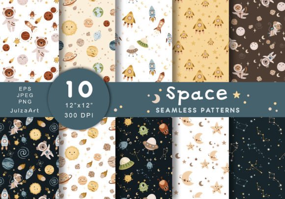 Space Seamless Pattern, Digital Paper Illustration Modèles de Papier Par JulzaArt