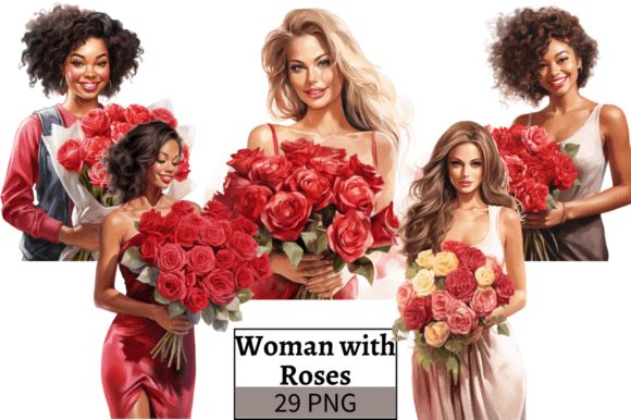 Woman with Bouquet of Roses, Valentines Gráfico Ilustrações para Impressão Por MashMashStickers