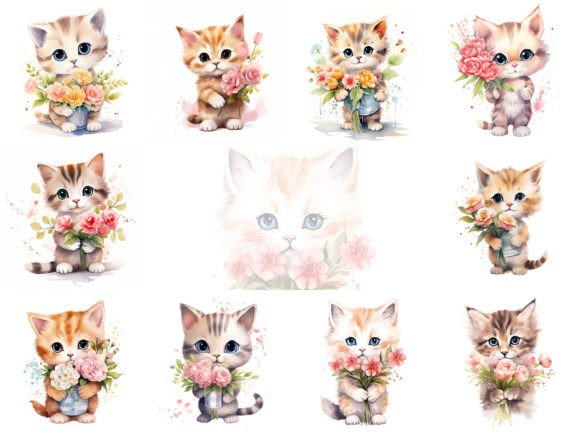 A Cute Cat with Flowers Clipart Set Grafik Druckbare Illustrationen Von Andreas Stumpf Designs