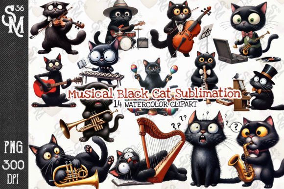 Musical Black Cat Sublimation Clipart Graphic Illustrations By StevenMunoz56