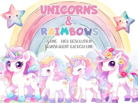Unicorns & Rainbows PNG Cliparts Graphic Illustrations By Monica Paulon