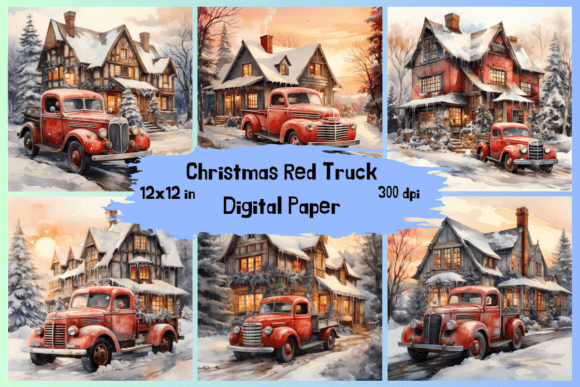 Christmas Red Truck Digital Paper Graphic Backgrounds By NastyArts