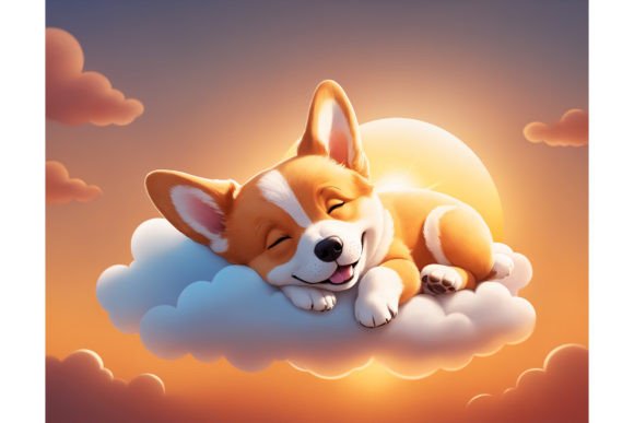 Corgi Puppy Sleeps on a Cloud Graphic AI Illustrations By alsstocks450