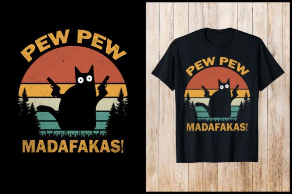 Pew Pew Madafakas Retro Cat T-Shirt Graphic T-shirt Designs By nxmnadim