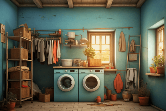 Washing Machine and Laundry with Shelves Illustration Illustrations Imprimables Par saydurf