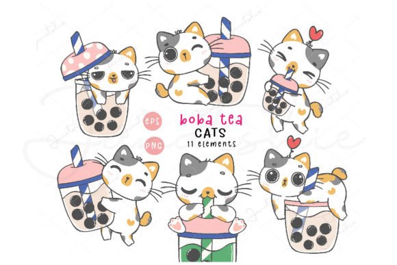 Kawaii Boba Tea Cat Cartoon PNG Clipart Graphic Illustrations By Janatshie