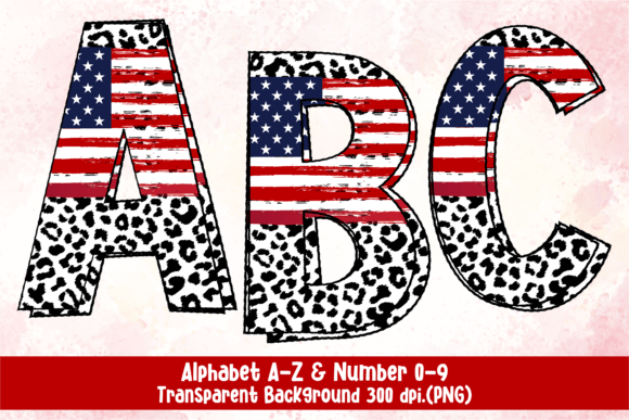 USA Flag Leopard Doodle Fonts and Number Graphic Illustrations By ADF Design