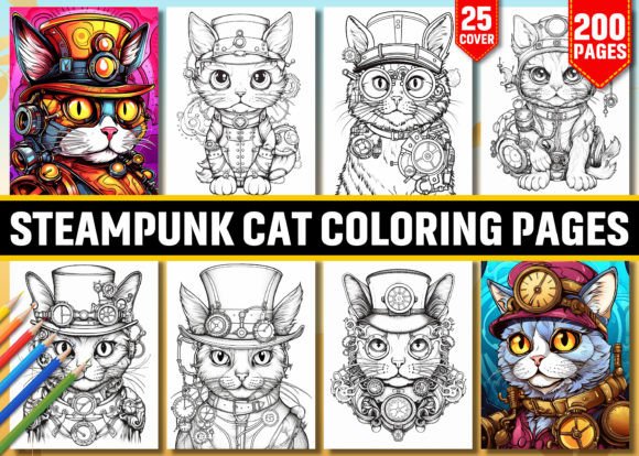 200 Steampunk Cat Coloring Pages Gráfico Páginas y libros de colorear para adultos Por WinSum Art