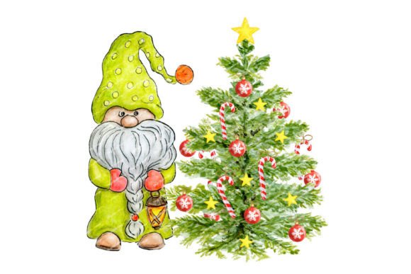 Christmas Gnome Fir Tree Watercolor PNG Grafika Ilustracje do Druku Przez Marina Art