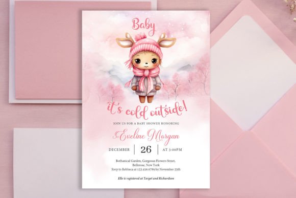 Pink Reindeer Winter Baby Shower Invite Illustration Modèles d'Impression Par Blush Roses