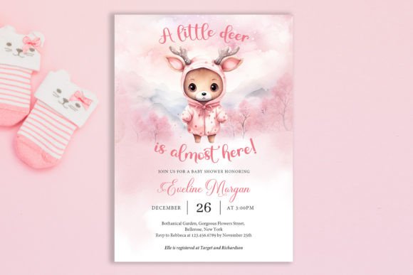 Pink Winter Baby Reindeer Baby Invite Illustration Modèles d'Impression Par Blush Roses