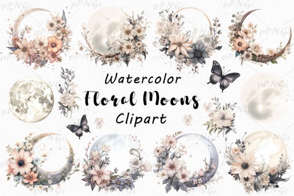 Watercolor Floral Moons Clipart Graphic Illustrations By passionpngcreation