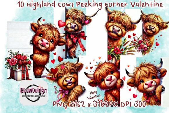 10 Highland Cow Peeking Corner Valentine Grafika Ilustracje do Druku Przez BbowDesign