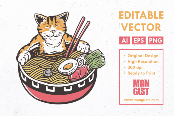 Cat in the Ramen Bowl Graphic Illustrations By mangustudio
