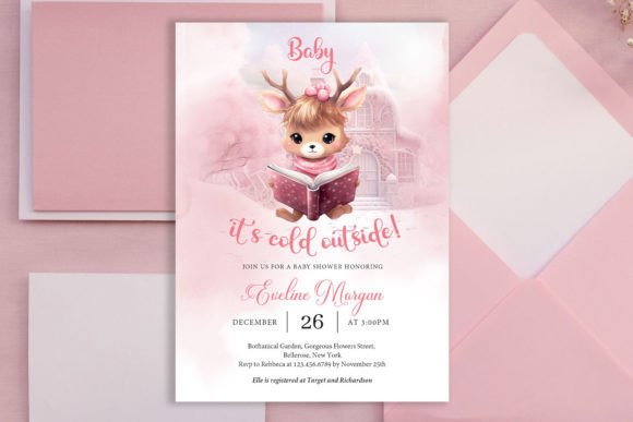 Pink Reindeer Reading a Book Baby Invite Illustration Modèles d'Impression Par Blush Roses