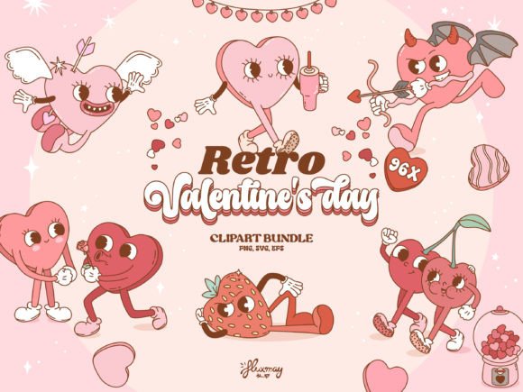 Retro Valentine's Day Clipart Bundle Afbeelding Grafische Objecten van Hoge Kwaliteit Door huxmay