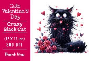 Valentine's Crazy Black Cat Clipart Illustration Illustrations Imprimables Par LiustoreCraft 1