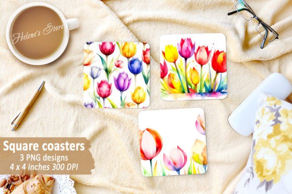 Watercolor Tulip Flowers Square Coaster Graphic Crafts By Helene's store