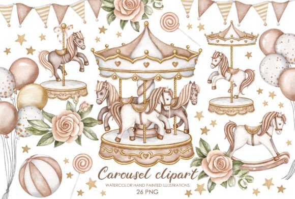 Beige Carousel with Horses Clipart Grafika Ilustracje do Druku Przez Aquarelle Space