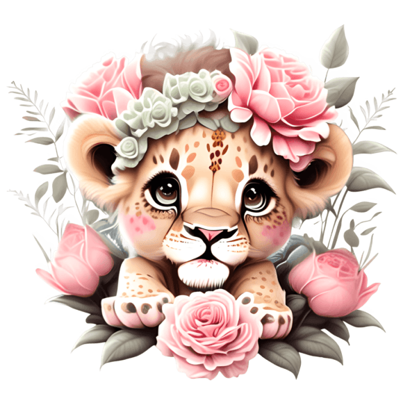 Süßes Löwenbaby mit rosafarbener Rosenkrone Community-Inhalt Von Colourful