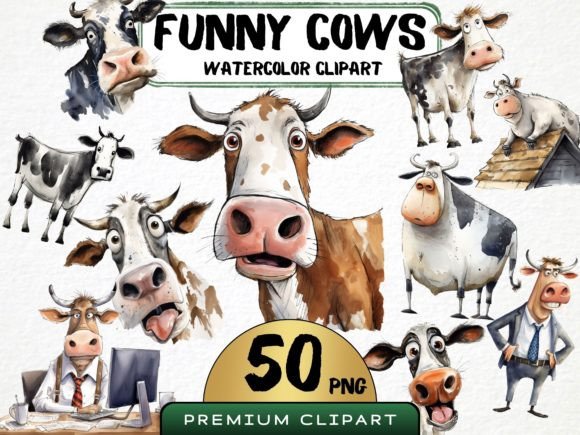 Funny Cow Clipart Watercolor PNG Bundle Graphic Illustrations By MokoDE