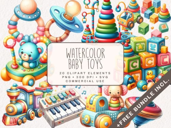 Watercolor Baby Toys Clipart Bundle Gráfico Gráficos IA Por ClipartcreationsDE