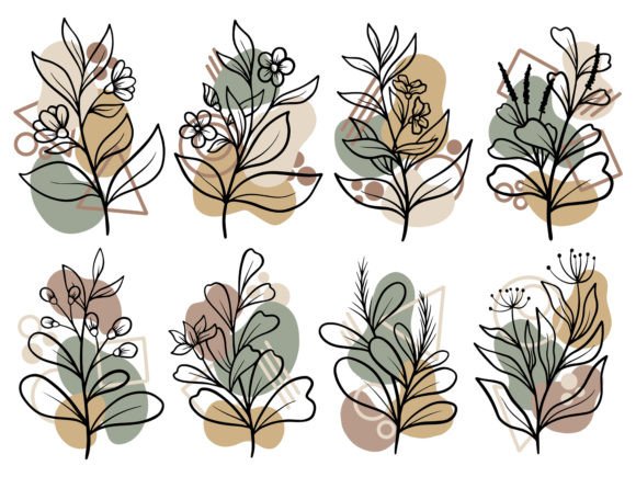 Botanical Line Art Flower and Leaves Graphic Illustrations By PurMoon