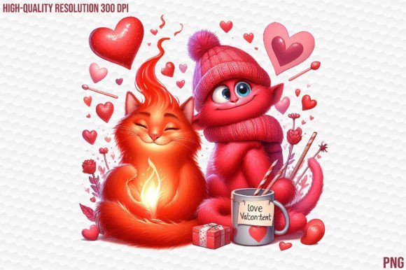 Love Cat and Heart Couple Sublimation Afbeelding Afdrukbare Illustraties Door WatercolourCraft