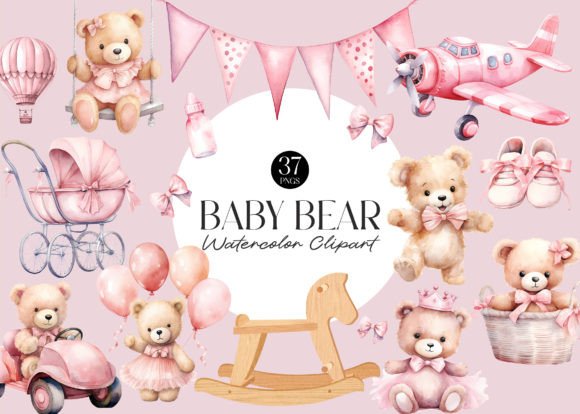 Pink Teddy Bear Baby Shower Clipart Gráfico Ilustraciones Imprimibles Por primroseblume