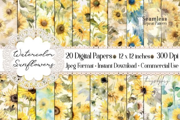 Seamless Watercolor Sunflowers Rustic Graphic Patterns By ThingsbyLary
