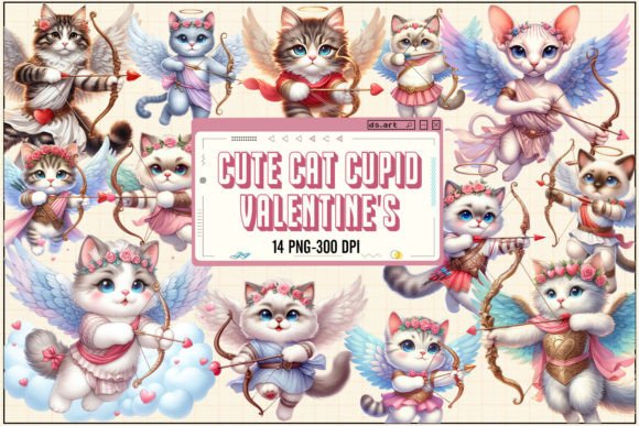 Cute Cat Cupid Valentine's Day Bundle Grafik Druckbare Illustrationen Von DS.Art