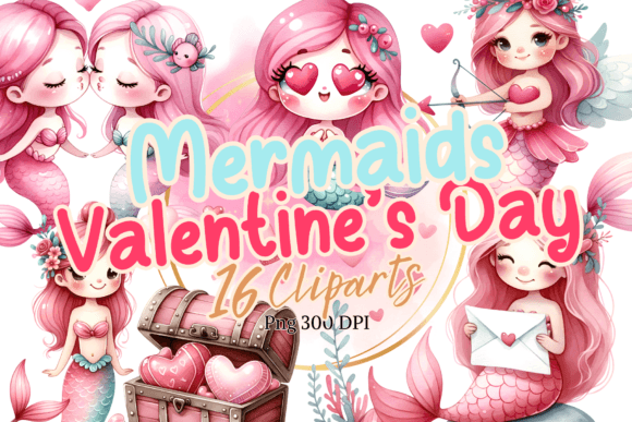 Valentine’s Day Mermaid Watercolor Graphic Illustrations By Brown Cupple Design