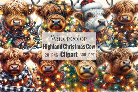 Baby Highland Cow Christmas Lights PNG Gráfico Ilustrações para Impressão Por CraftArtStudio