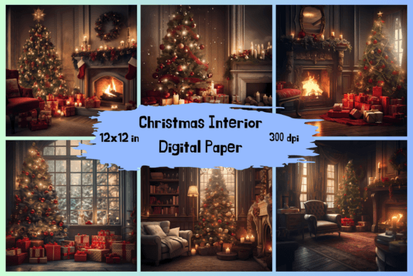 Vintage Christmas Interior Digital Paper Graphic Backgrounds By NastyArts