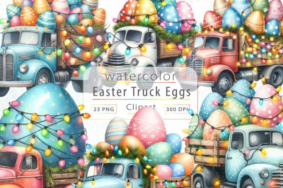 Watercolor Easter Truck with Egg Clipart Graphic Illustrations By LiustoreCraft