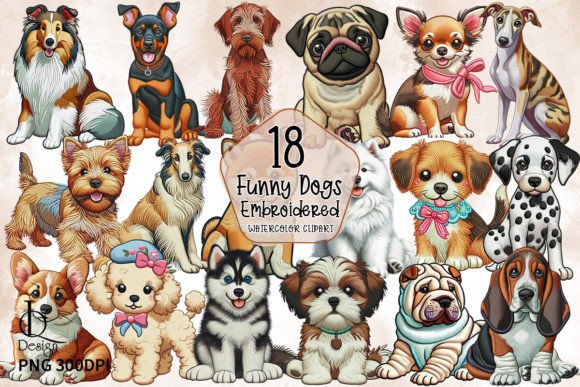 Cute Embroidered Dogs Watercolor Clipart Graphic Illustrations By LQ Design
