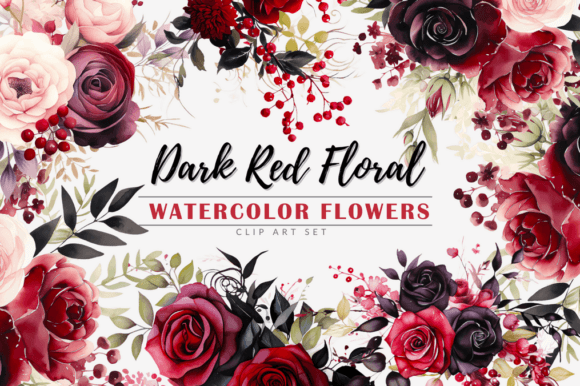 Dark Red Floral Watercolor Flowers Afbeelding AI Illustraties Door LIVELY LISHA