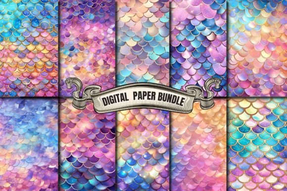 Watercolor Mermaid Scales Digital Paper Illustration Modèles de Papier Par craftsmaker