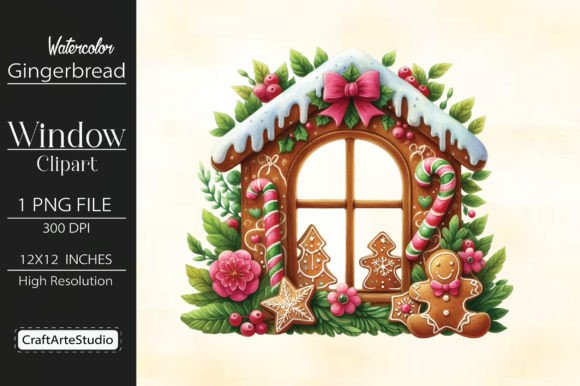 Watercolor Gingerbread Window Clipart Grafica Illustrazioni Stampabili Di CraftArtStudio