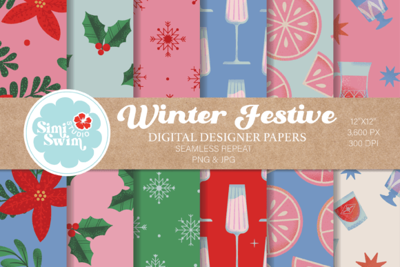 Winter Festive Digital Papers, Retro Graphic Patterns By simiswimstudio