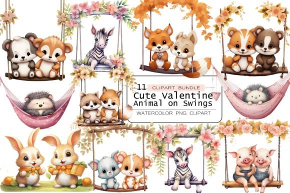 Cute Valentine Animal on Swings Clipart Gráfico Ilustraciones Imprimibles Por lazy cute cat