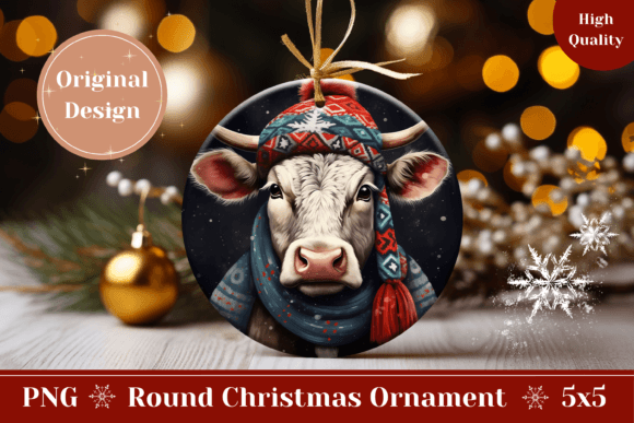Winter Cow Round Ornament Sublimation Graphic AI Graphics By Ailirel Design