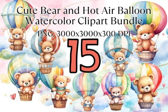 Bear Balloon Watercolor Clipart Bundle Grafica Illustrazioni Stampabili Di EverydayStudioArt