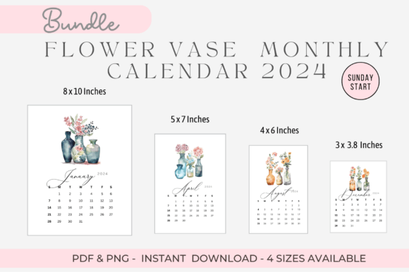 Flower Vase Monthly Calendar 2024 Gráfico Ilustraciones Imprimibles Por Merilove Digital