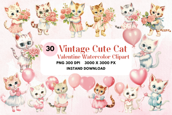 Vintage Cute Cat Valentine Watercolor Grafik Druckbare Illustrationen Von JinnyClipart