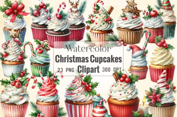 Watercolor Christmas Cupcakes Clipart Graphic Illustrations By CraftArtStudio