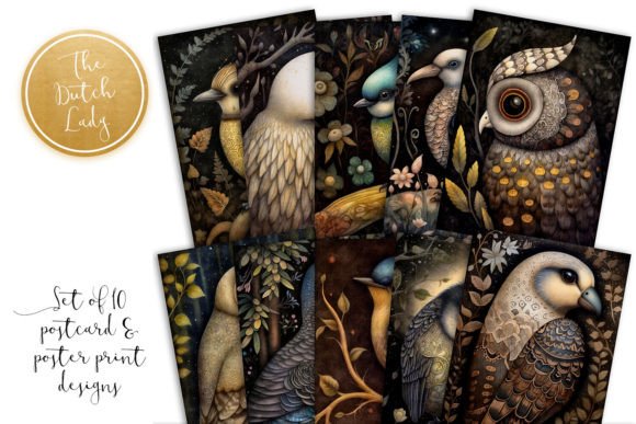 Dark Garden Birds Postcards & Art Prints Graphic AI Illustrations By daphnepopuliers
