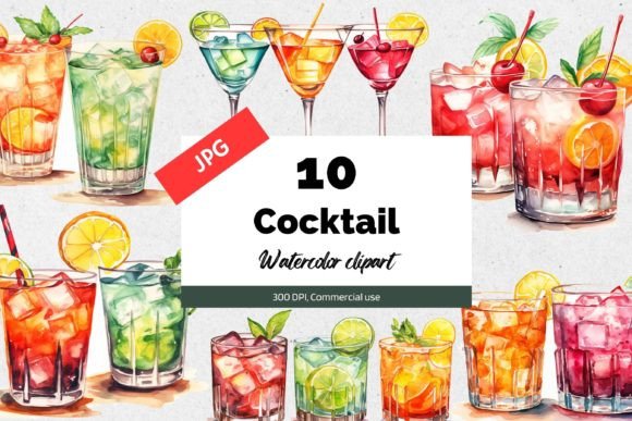 Watercolor Cocktail Glasses Clipart JPG Graphic AI Illustrations By KiwiCakeStudio