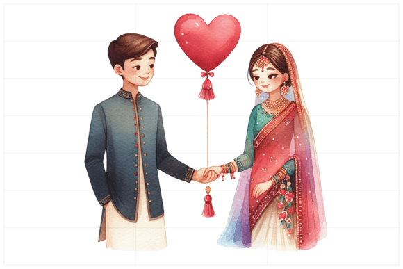 Watercolor Couple with Heart Balloon Gráfico Ilustraciones Imprimibles Por Design Store